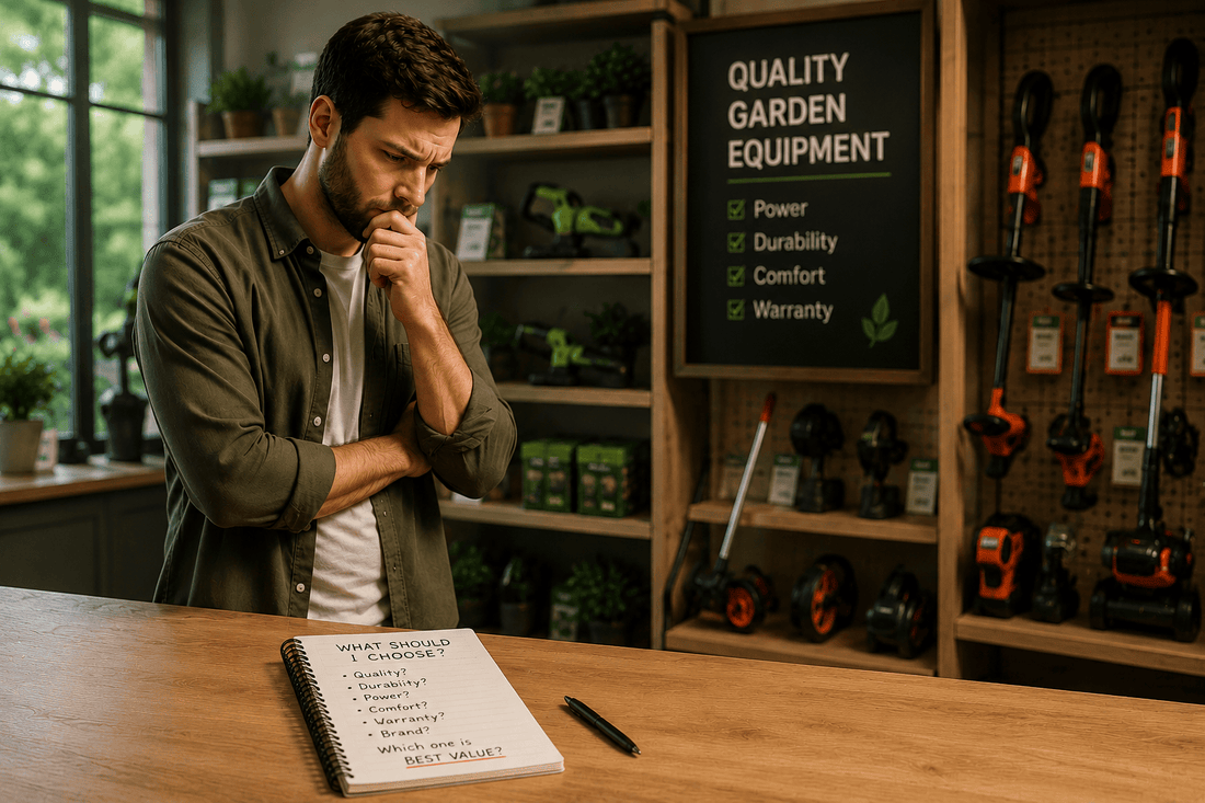 Customer comparing quality garden equipment
